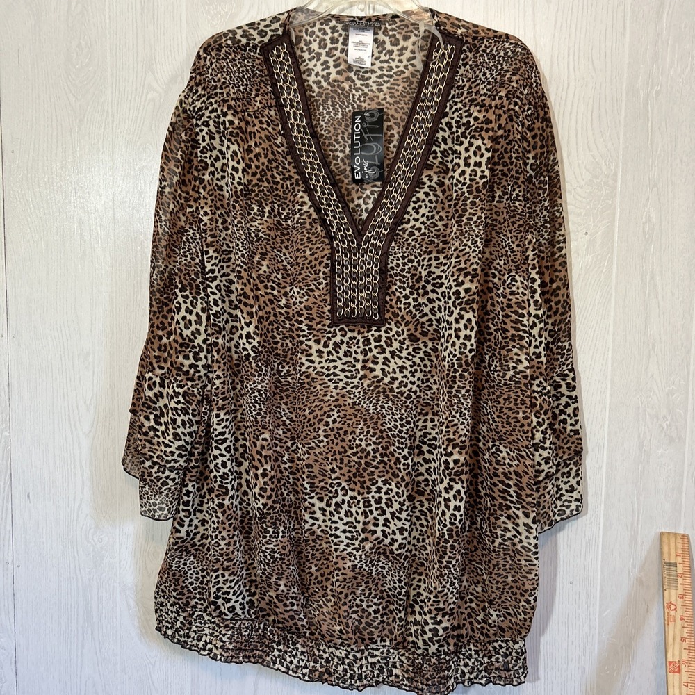 Evolution 3X Cheetah Print Sheer V Neck Blouse